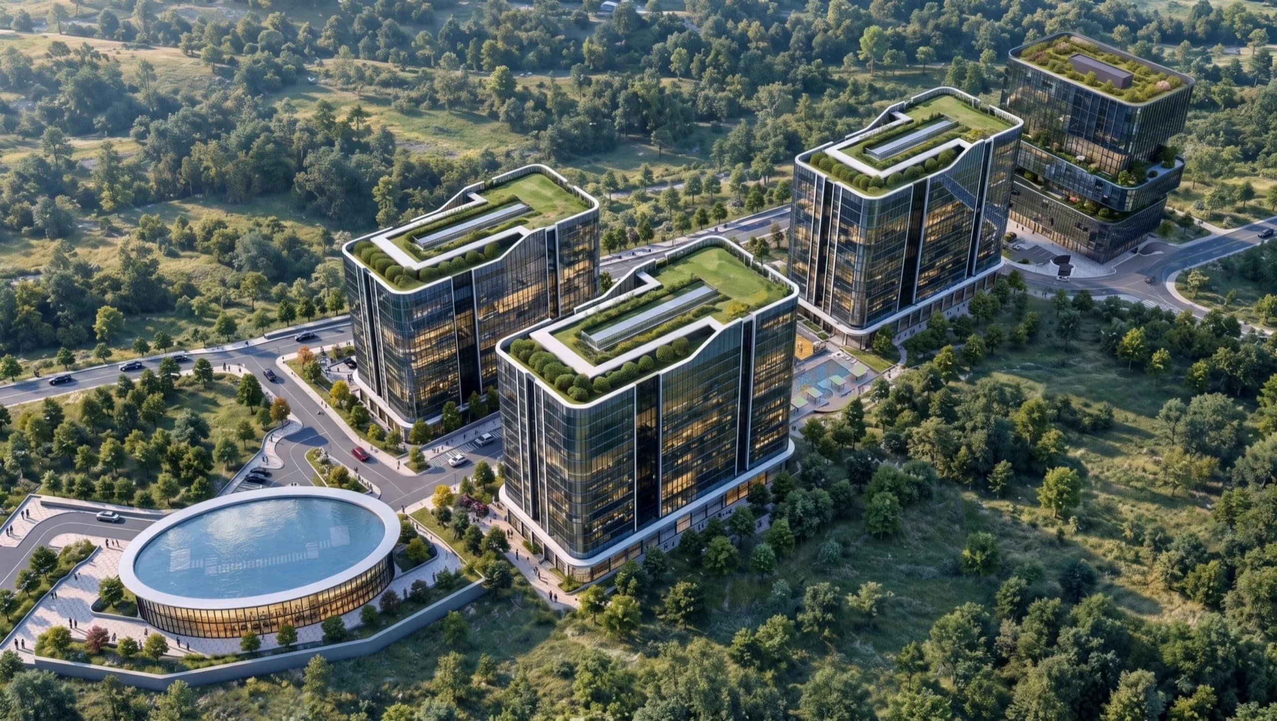 STAR HILL агаараас: ойт толгодын дунд дээвэр дээрээ цэцэрлэгтэй шилэн барилгууд
