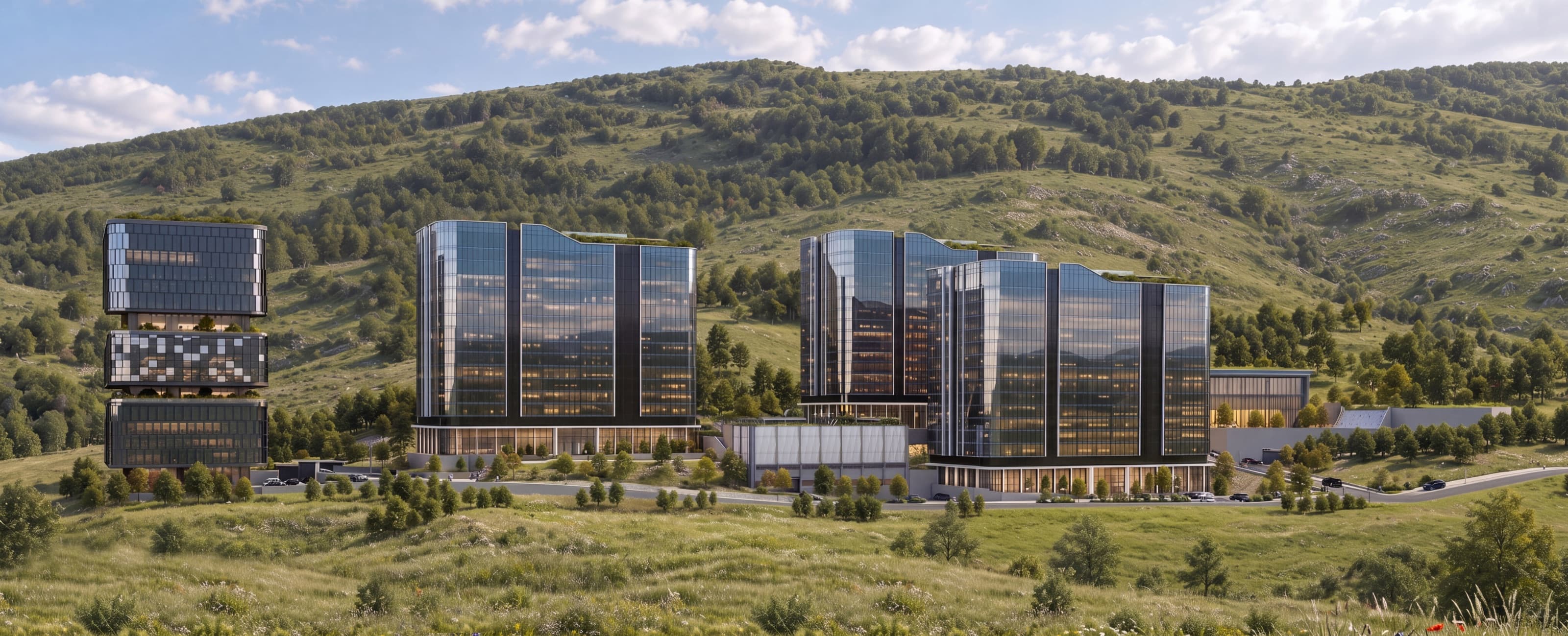 Ойт ногоон толгодын дэвсгэр дээрх STAR HILL-ийн барилгуудын панорам