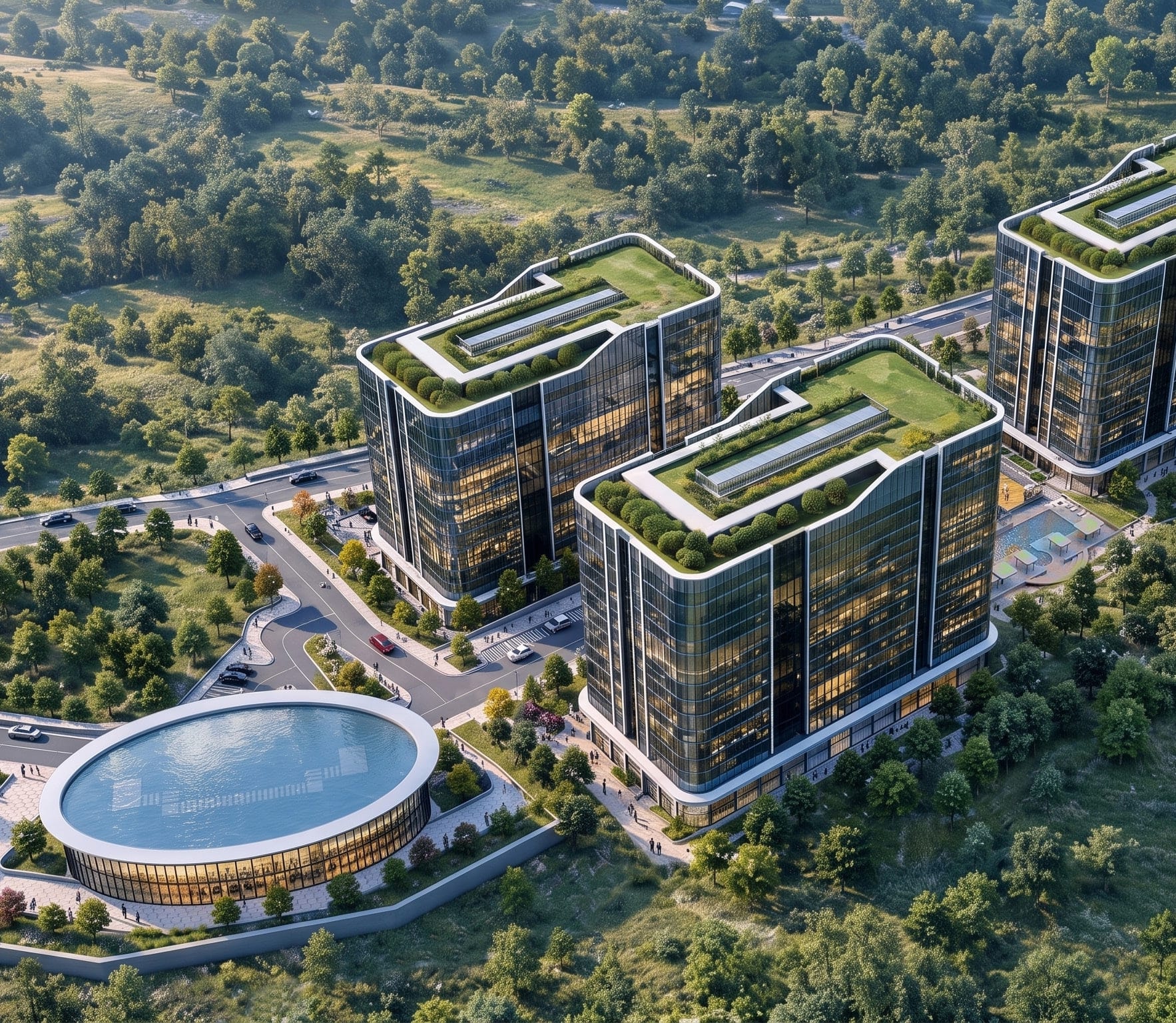 Star Hill агаараас: дээвэр дээрээ ногоон цэцэрлэгтэй дөрвөн шилэн барилга, ойт энгэр, дугуй спорт цогцолбор