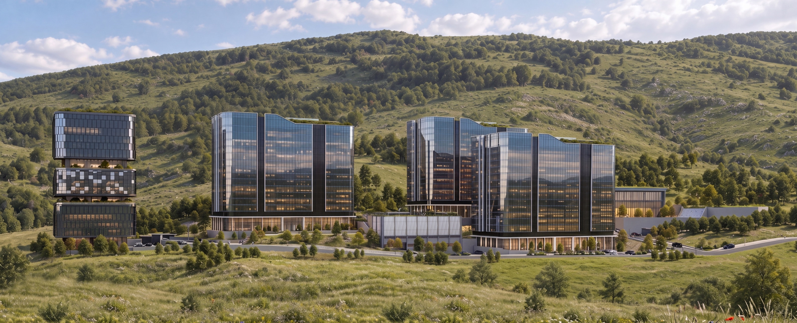 Ойт ногоон толгодын дэвсгэр дээрх STAR HILL-ийн барилгуудын панорам