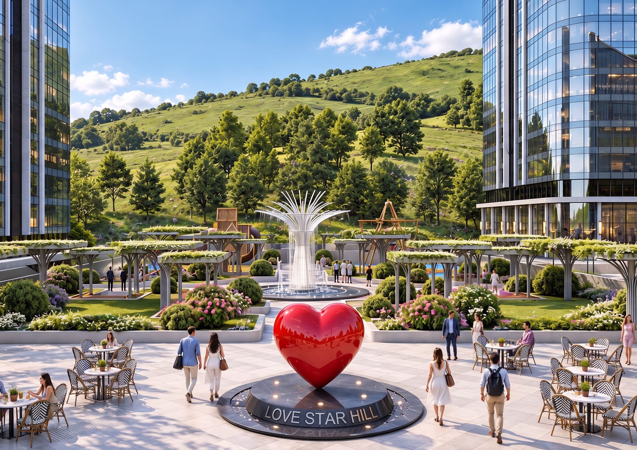 Love Star Hill дүрс, усан оргилуур, кафе бүхий төв талбай